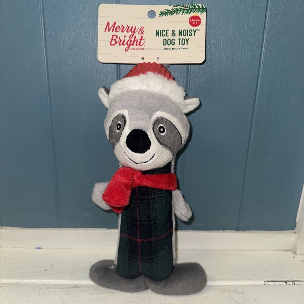 Merry & Bright Nice & Noisy RACCOON Dog Toy Red Squeaky Thrash Plush Toss Shake